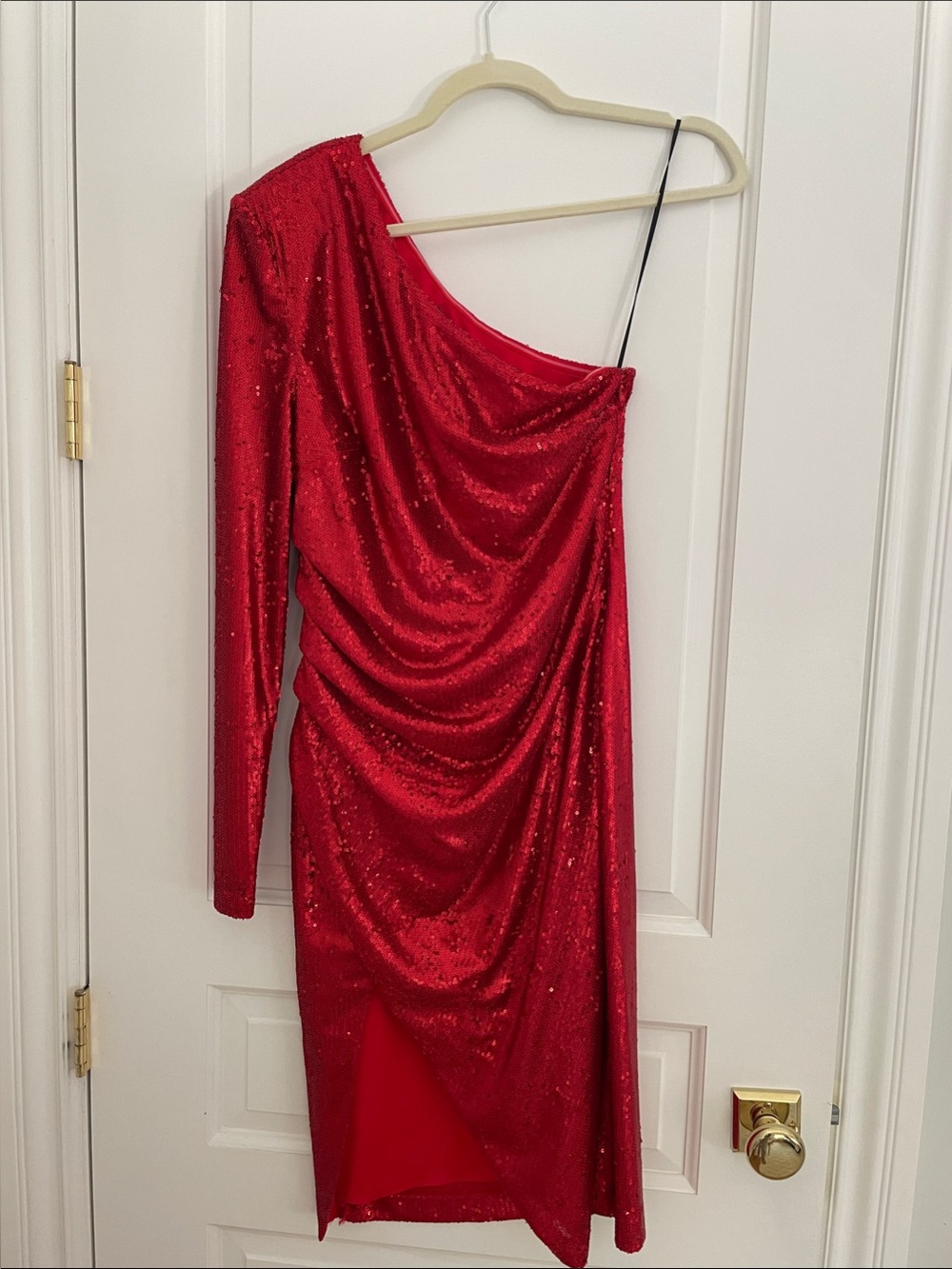 NBD Red One-Shoulder Sequin Draped Dress